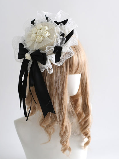 Gorgeous Lolita Beige Bud Lace Mini Hat With Black Bowknot Ribbon Decoration
