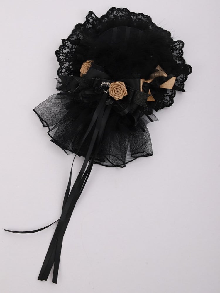 Black Hat Lace Mini Lolita and Accents Feather Bow with Gold