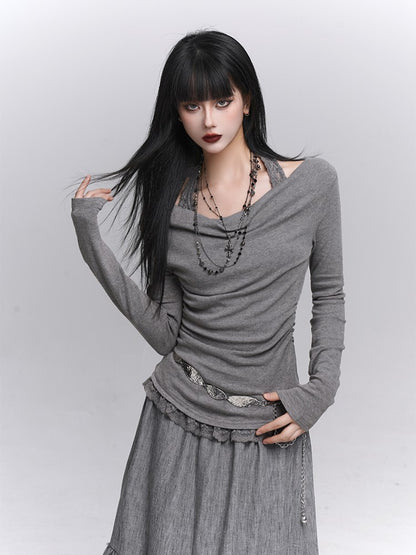 Lace Gray Two-Piece Faux Top Halter Trim with Neck Convertible Gothic Cowl