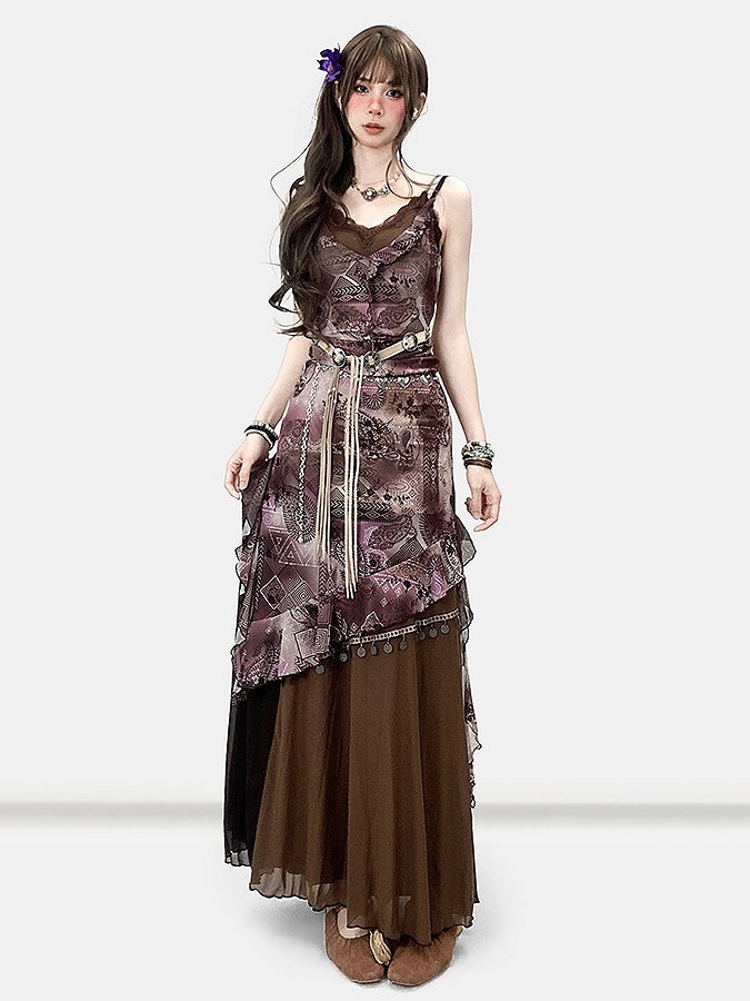 Design Print Millard Fashion Asymmetrischer Saum Lila + Kleid Cami