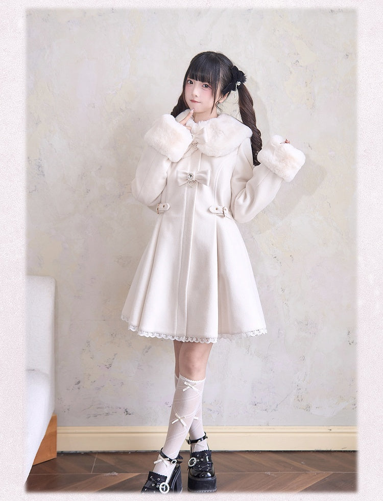 Cuffs and Beige Coat Rhinestones Lace Trim Jirai Kei Plush Bowknots Collar