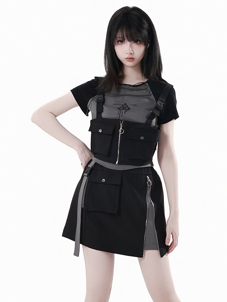 Details Shoulder Techwear Zip-up Vest Snap Straps Black Pocket