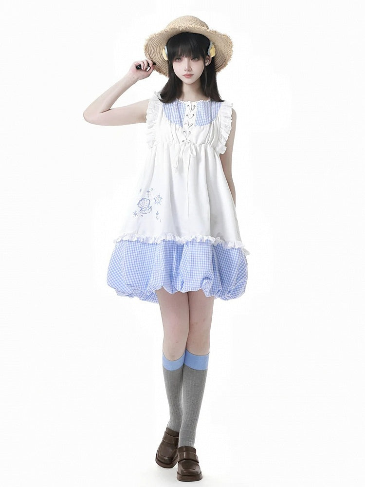 Bubble Skirt Plaid Flutter Sleeves Dress Blue Seashell and Starfish Embroidery White and