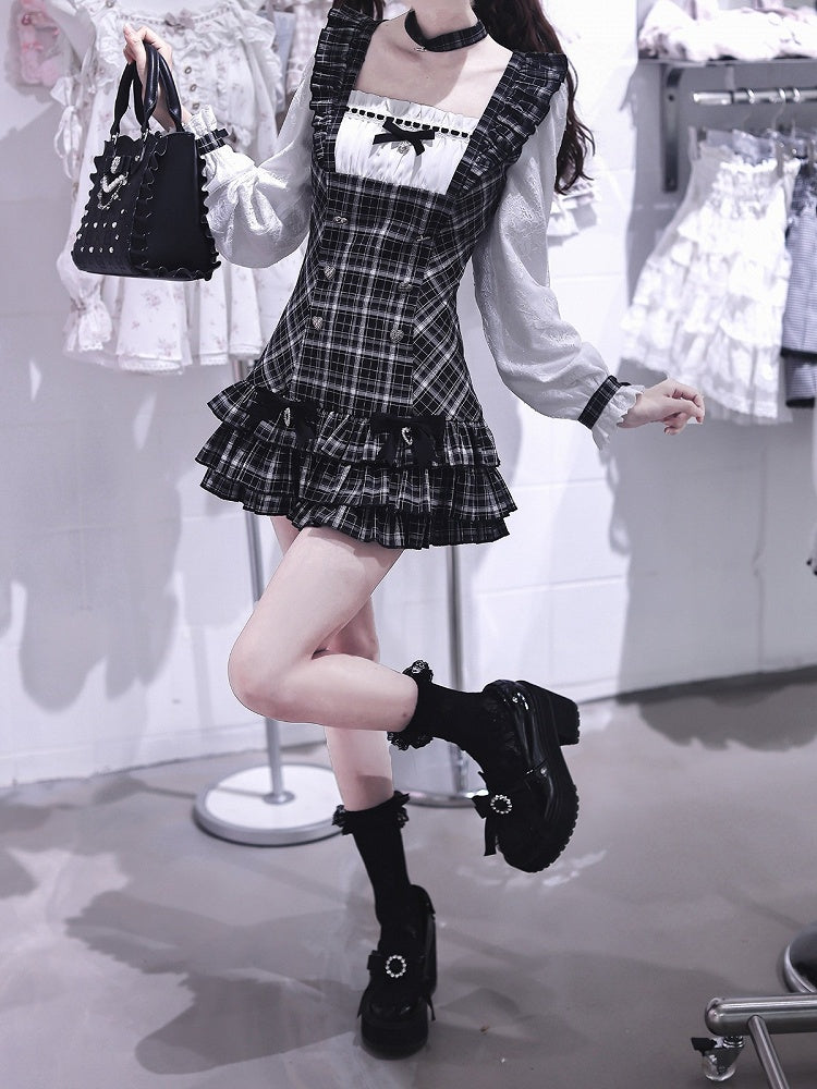 Jirai Kei Two-Piece Set: Plaid Square-Neck Long-Sleeve Dress & Ruffle Shorts - Ekomi