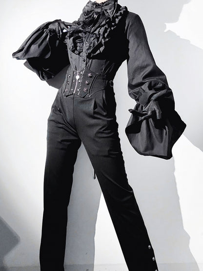 Gothic Black High Long Sleeves Ouji Poet Neck Lolita Ruffled Shirt