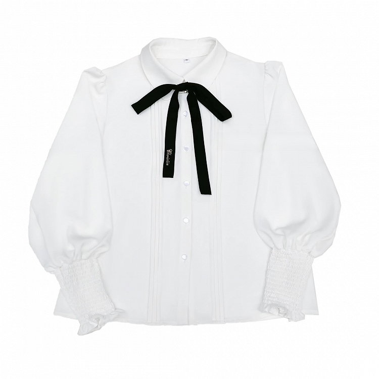 Sleeves Chiffon Blouse with Bishop Details Pleating Collar Shirt White