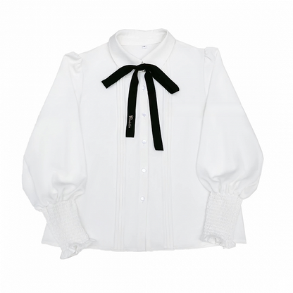 Sleeves Chiffon Blouse with Bishop Details Pleating Collar Shirt White