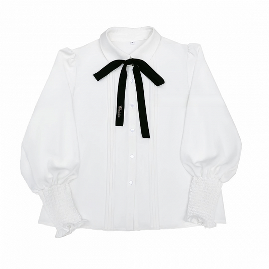 Sleeves Chiffon Blouse with Bishop Details Pleating Collar Shirt White