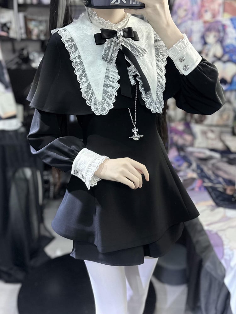 Set: Shorts Pointed Long Bow Black Gothic Tie Full White Landmine Faux Sleeve Detachable Collar Cape + Top Style