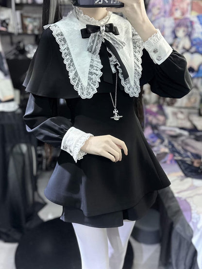 Set: Shorts Pointed Long Bow Black Gothic Tie Full White Landmine Faux Sleeve Detachable Collar Cape + Top Style