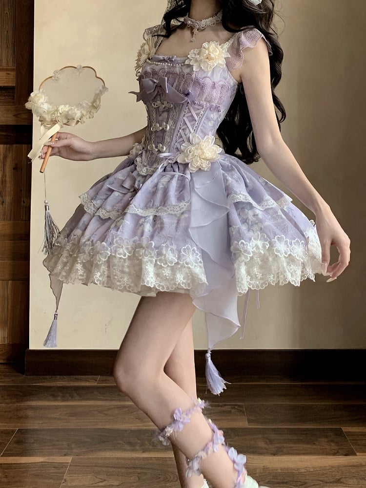Version with Corset Purple Top Floral Frog Skirt Buttons Lolita Jasmine-Embellished Print Short +