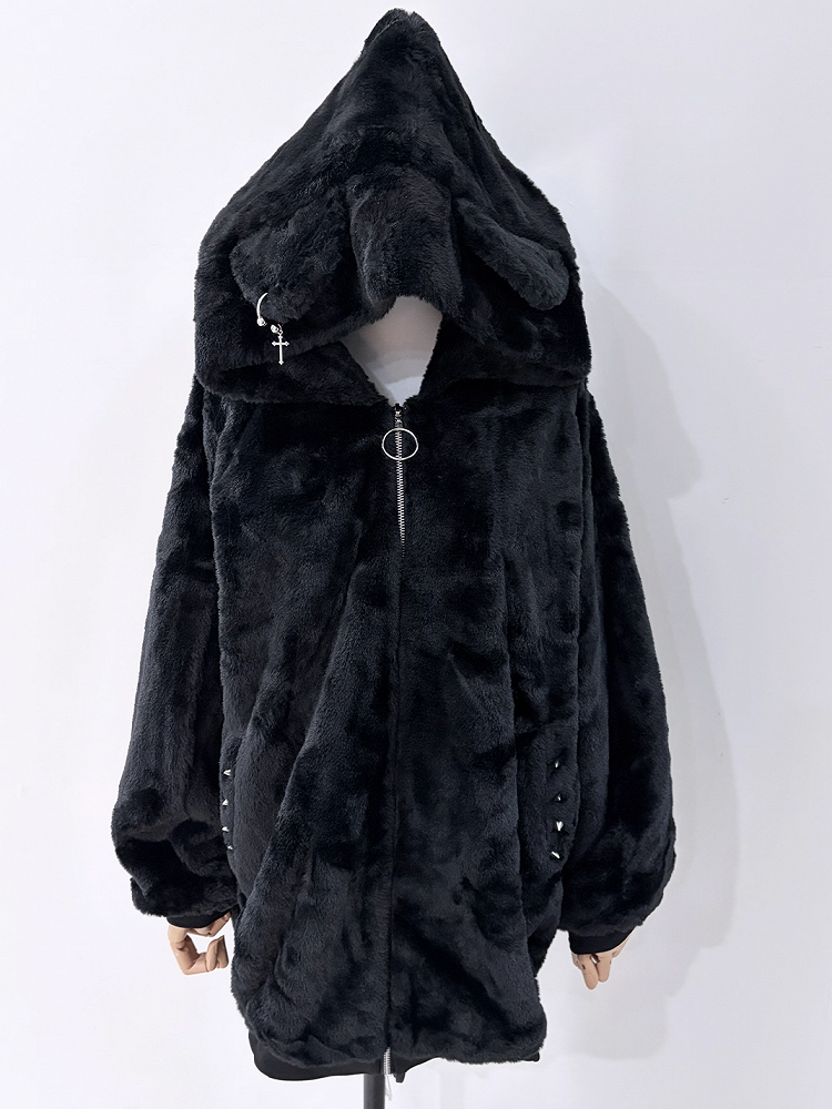 Details Kei for Studded with Plush Fall Cat-Ear Black and Jirai Winter Coat Hood