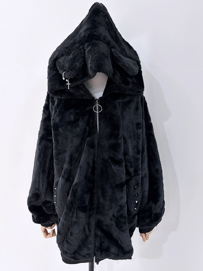Details Kei for Studded with Plush Fall Cat-Ear Black and Jirai Winter Coat Hood