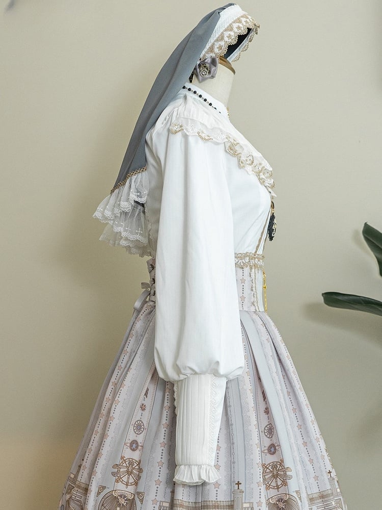 White Ruff Blouse Lolita Back with Collar Gothic Lace-up