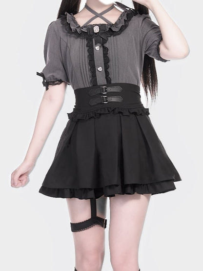 Garter Black Detail Tiered Buckle Strap Skirt Jirai Box Double with Pleat Kei