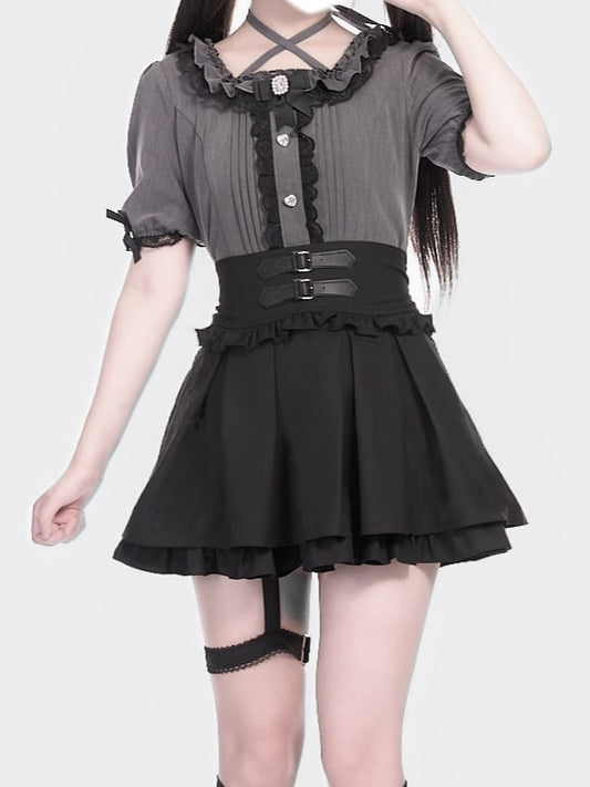 Garter Black Detail Tiered Buckle Strap Skirt Jirai Box Double with Pleat Kei