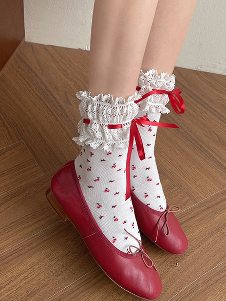 Socks Lolita WhiteRed Trim Print Lace Floral