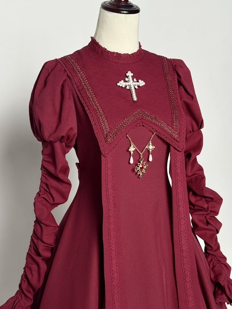 Wein Nonne Outfits Halloween Kleid Ärmel Kreuz Lolita Sammeln Stickerei Rot Juliette