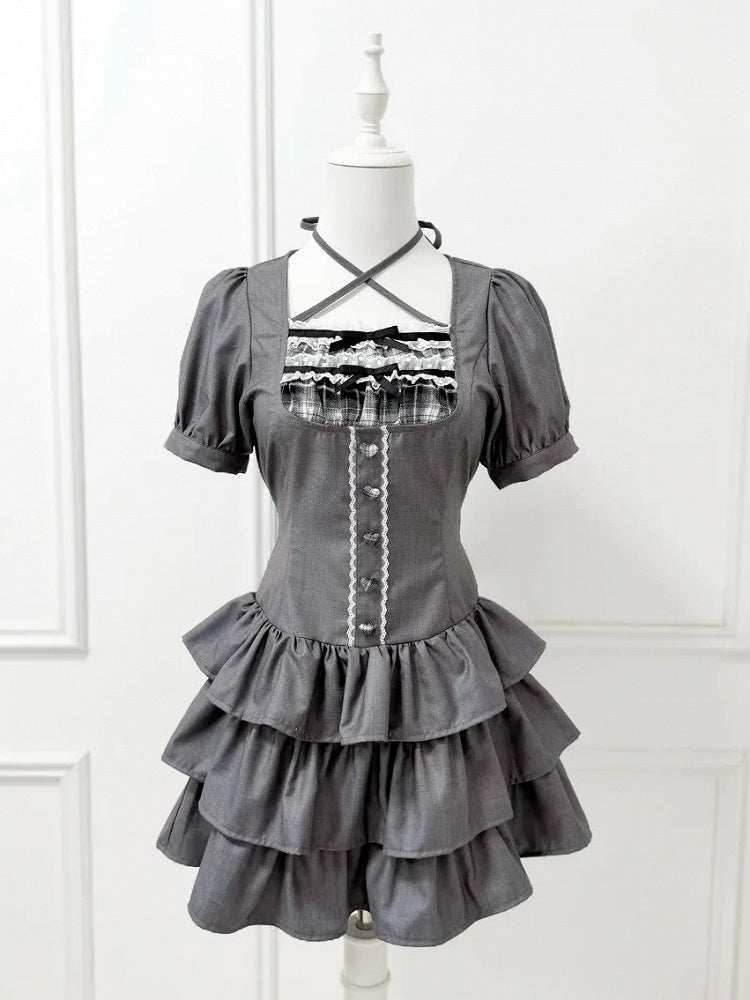 Jirai-Kei Gray Square Neck Halter Short Sleeve Gown with 3-Tier Ruffled Skirt - nekura
