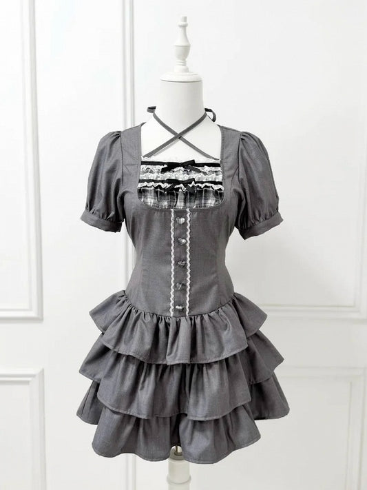 Jirai-Kei Gray Square Neck Halter Short Sleeve Gown with 3-Tier Ruffled Skirt - nekura