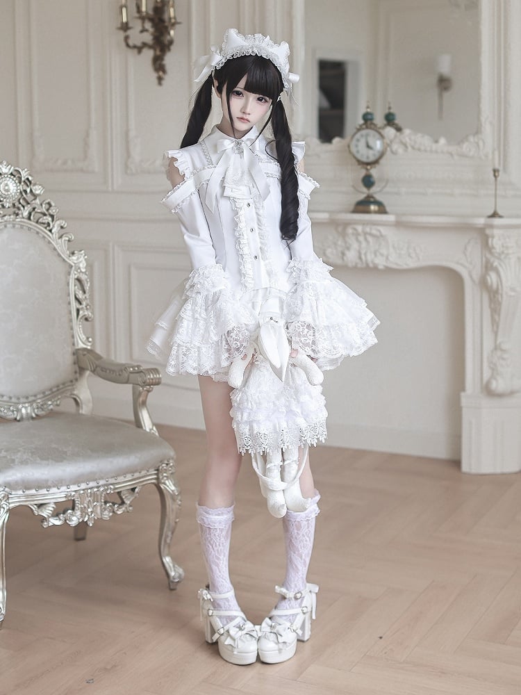 White Gothic Landmine Blouse with Cutout Shoulders, Bell Sleeves and Lace Accents - Ekomi