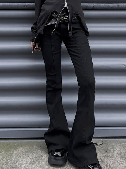 パンクなブラックハイウエストスリムフィットフィッシュテールパンツ、スケルトンハンドバックルベルト付き