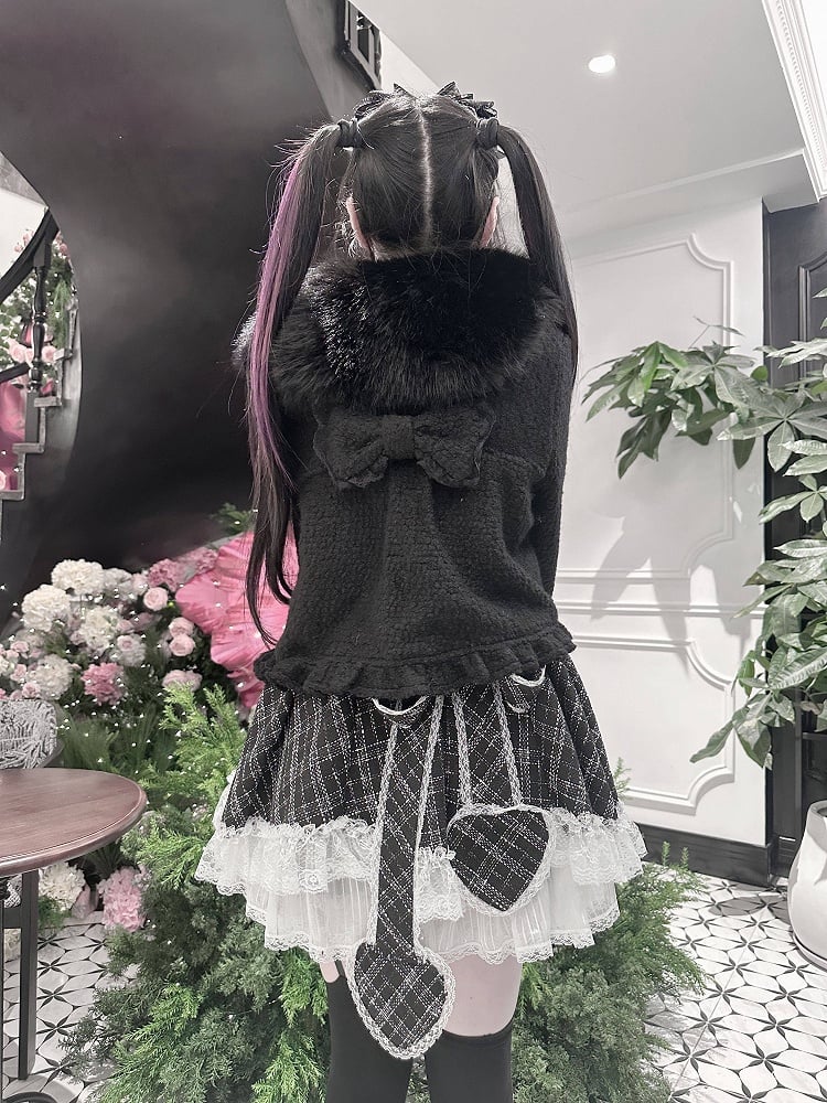 Bow Decor Black Jirai Beaded with Short Fuzzy Kei Chain Coat