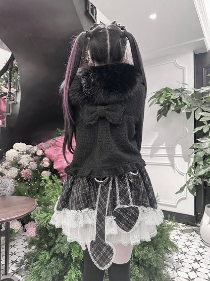 Bow Decor Black Jirai Beaded with Short Fuzzy Kei Chain Coat