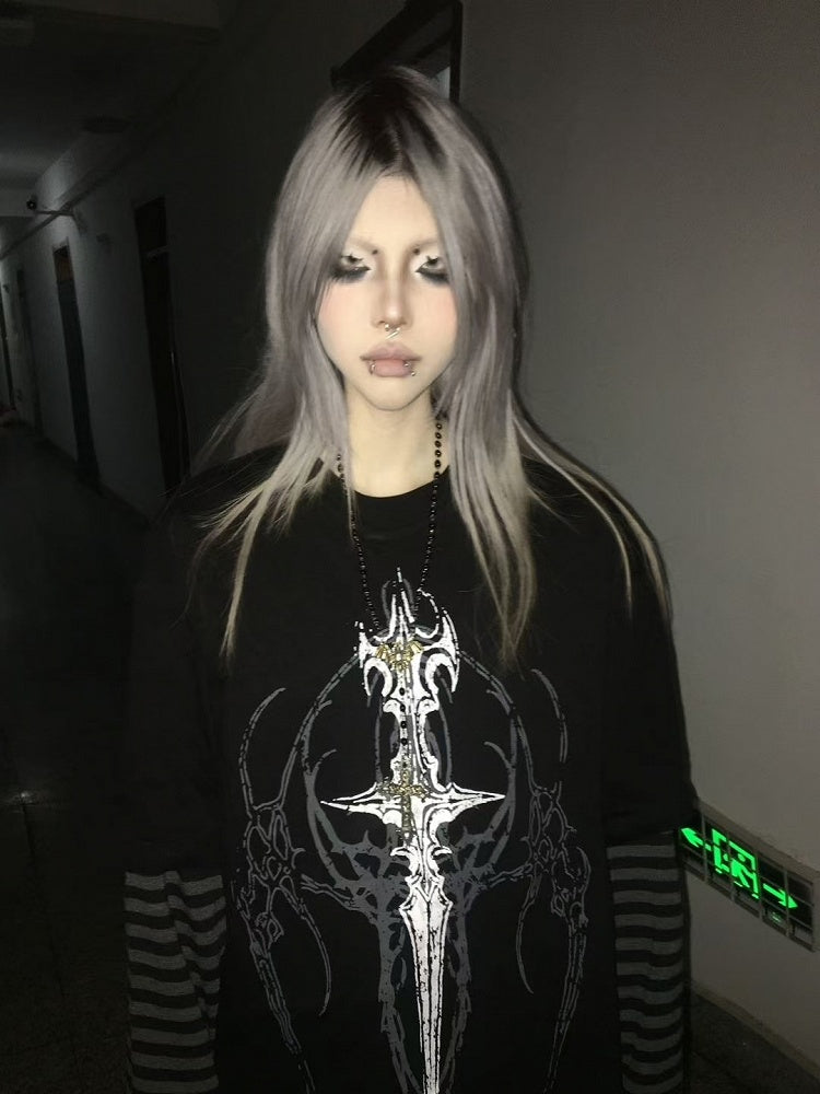 in with Faux Sigil Black Striped Gothic Sleeves Two-Piece Dark Style Top