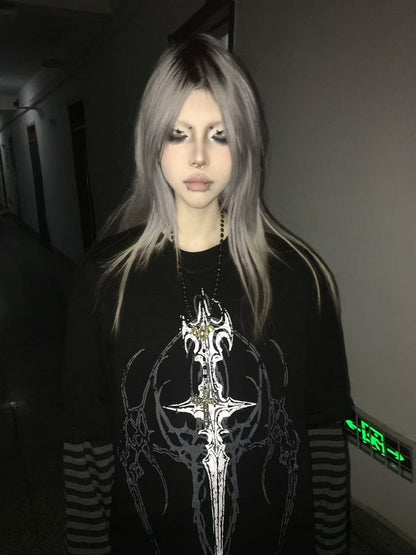 in with Faux Sigil Black Striped Gothic Sleeves Two-Piece Dark Style Top