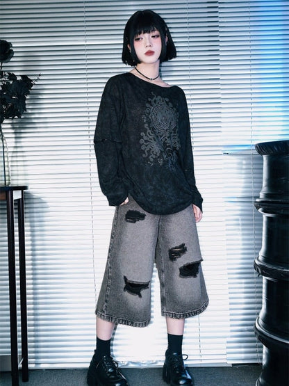 Black Detachable Sleeve UV Tee with Sea Lily Print - Quirky Hut