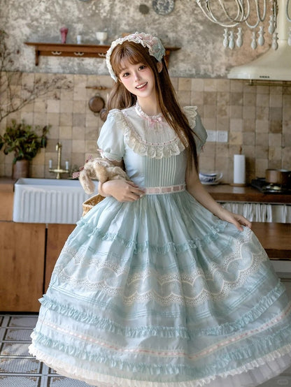 Mint Green Puff Sleeve Lace Trim Elegant Lolita Gown - Pumpkin Planet