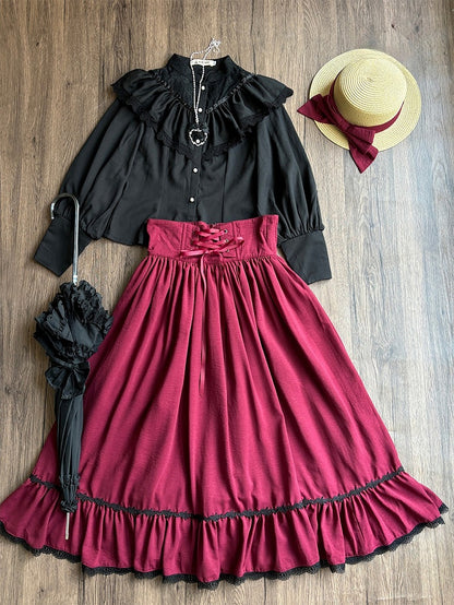Red Boned High Waist Elegant Classic Lolita Skirt with Lace Trim