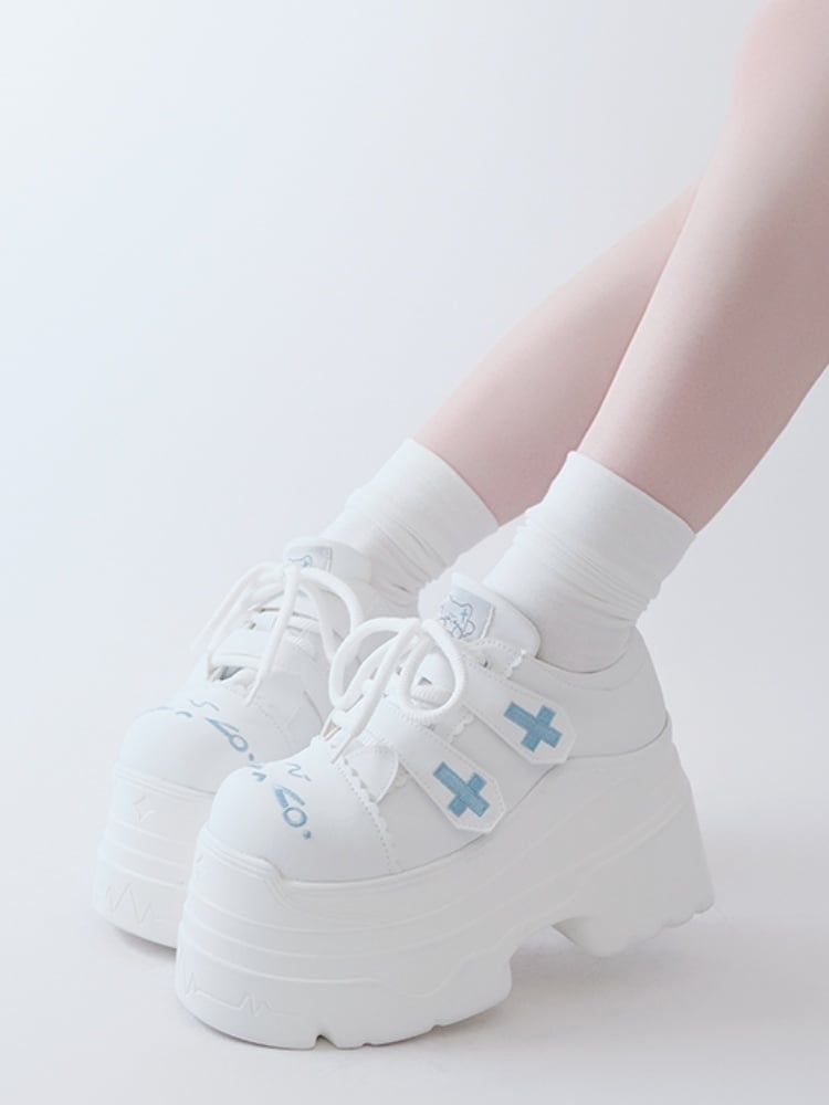 Yami Kawaii Matte White Cross Velcro Strap Kitty Ears Platform Shoes