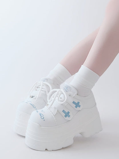 Yami Kawaii Matte White Cross Velcro Strap Kitty Ears Platform Shoes