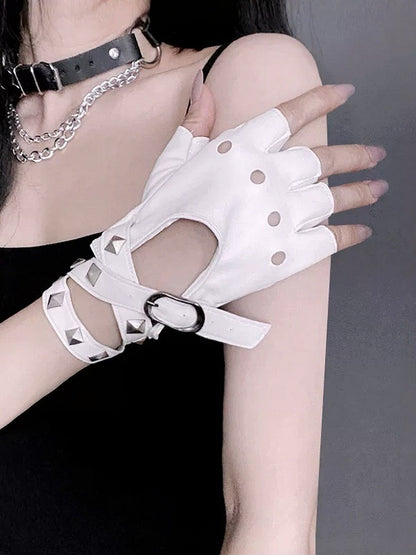 Punk Studded Half-Finger Gloves with Metal Buckle in Two Colors - Mr. Cat