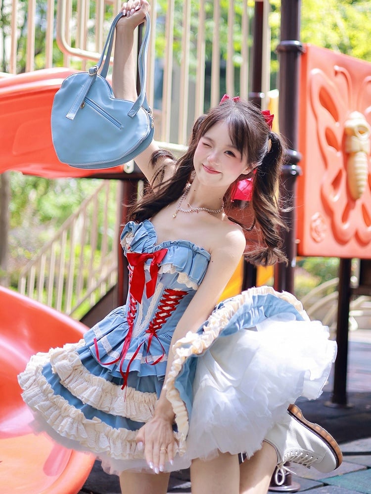 Blue Corset Lace-up + Skirt Set Bolero Top Boned Puffy Full