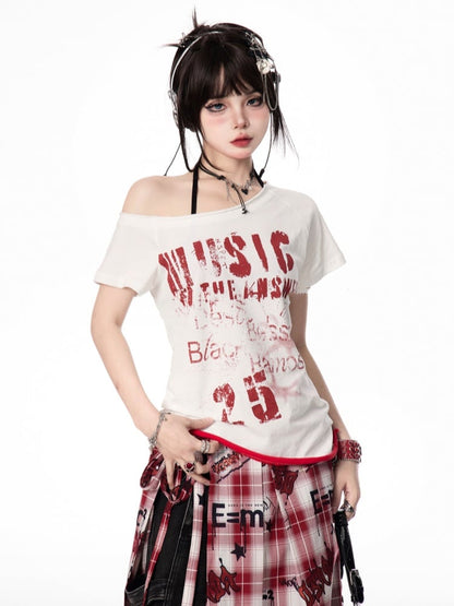 Y2K Letter Print White/Gray Asymmetrical Neckline T-shirt