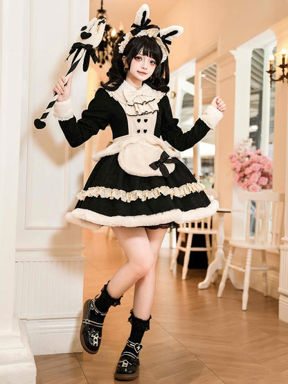 Black Long Sleeves Plush Collar and Cuffs Sweet Lolita OP Full Set