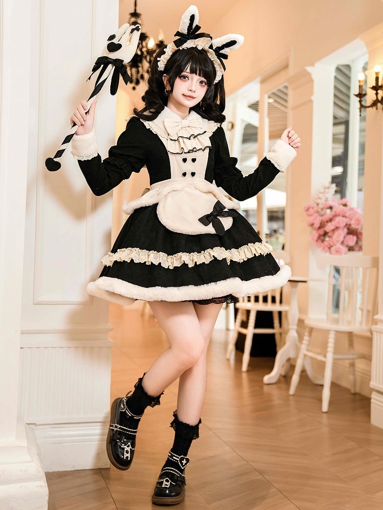 Ensemble complet Sweet Lolita OP noir à manches longues et col en peluche