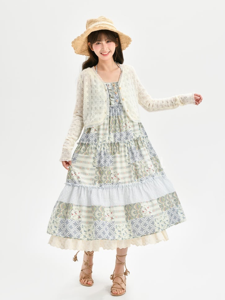 Mori Kei Green Halter Neck Patchwork Design Floral Dress