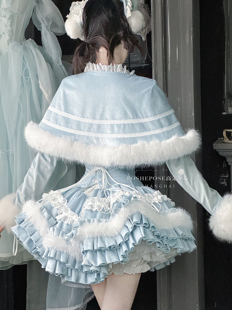 Blue Bunny Ears Bowknot Bodice Layered Skirt Boning Dress + Cropped Cape Top Set