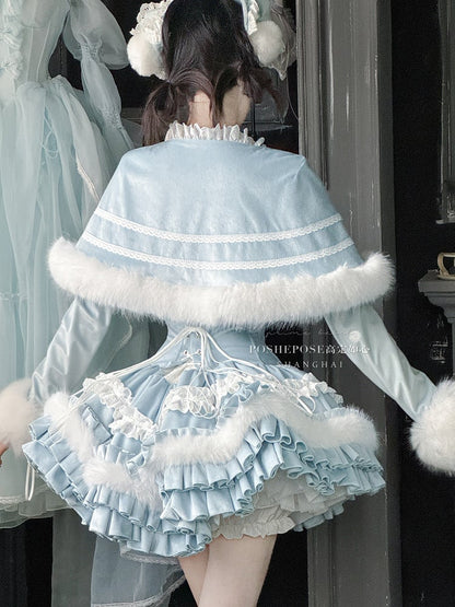 Blue Bunny Ears Bowknot Bodice Layered Skirt Boning Dress + Cropped Cape Top Set