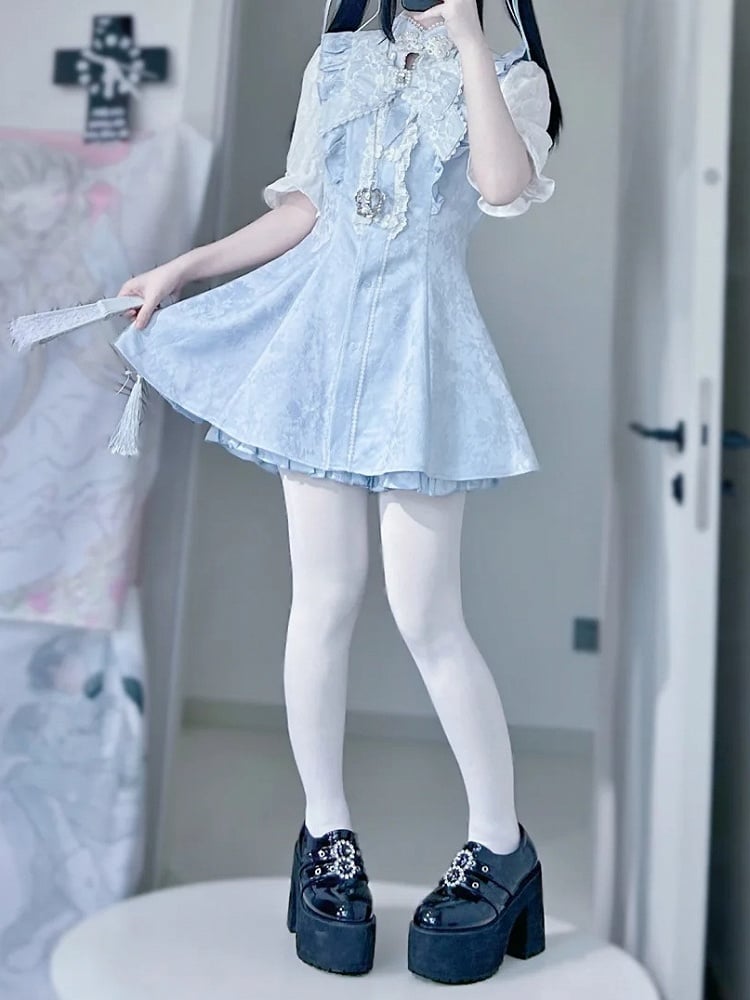 Jirai Blue Tie+Hairclips Light Kei Y2K Sleeves Dress+Shorts+Bow Set-Cheongsam Collar Short