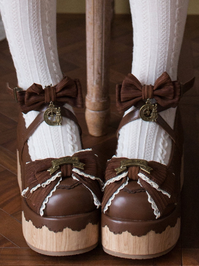 Round Dark - Charm Accents Bow Clock Sweet Platforms Lolita Toe Brown