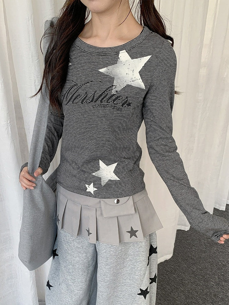Y2K Dark Gray Striped Round Neck Long Sleeve Top with Star and Letter Print - Solkatt