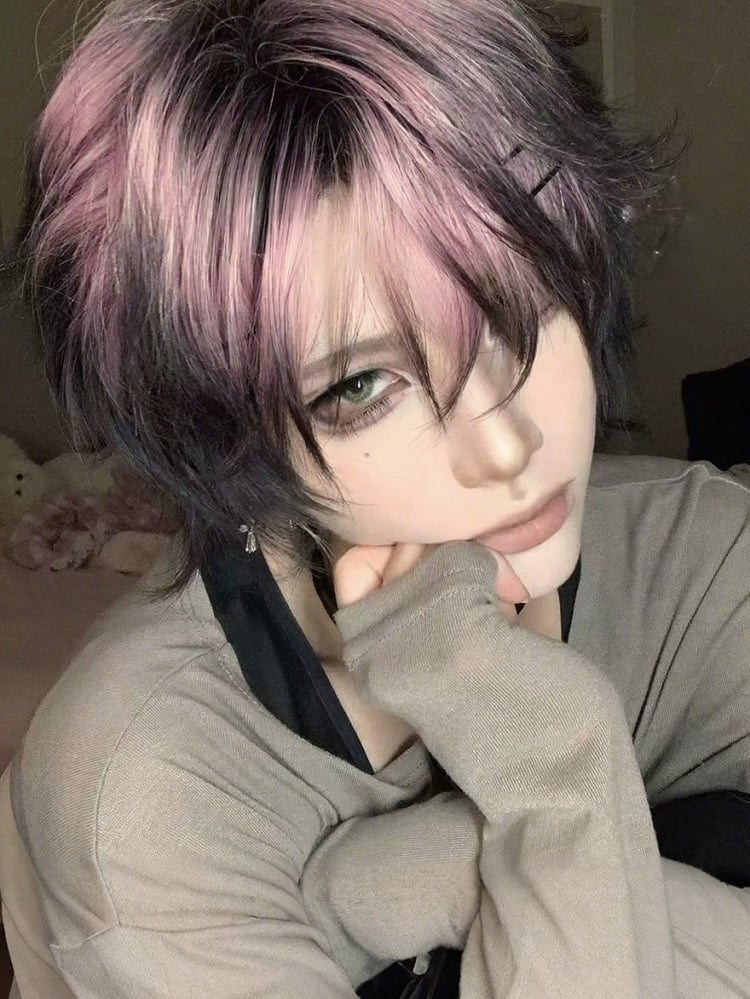 Black & Pink Ombre 35cm Short Wig with Air Bangs - YSHXS