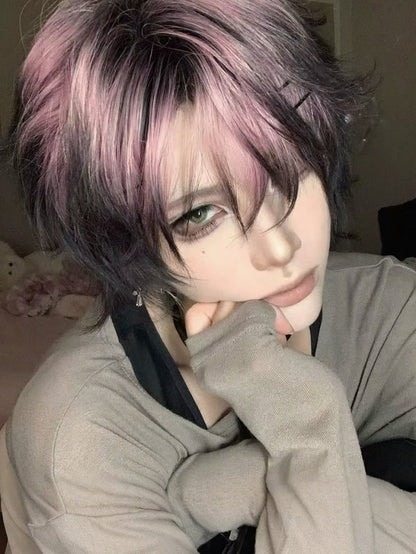 Black & Pink Ombre 35cm Short Wig with Air Bangs - YSHXS