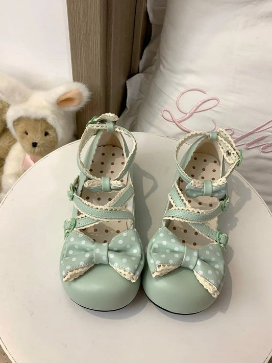 Edging Snap 2.5cm Shoes Green Lace Sweet Lolita Heeled Grass with Heart Design