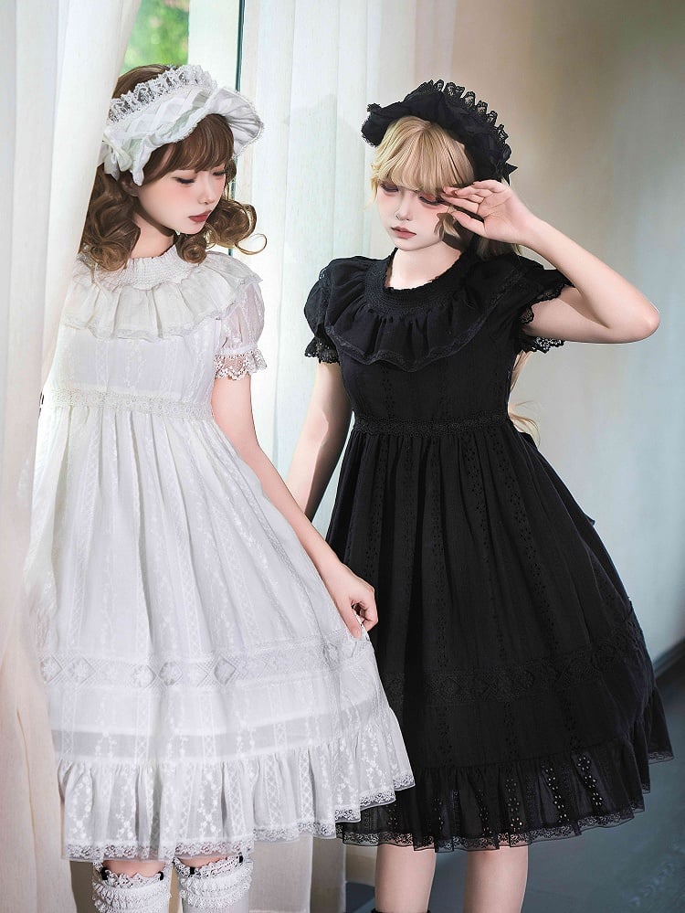 Weißes Lolita-Taille-Shiro-Kleid mit hohen Puffärmeln aus Baumwolle